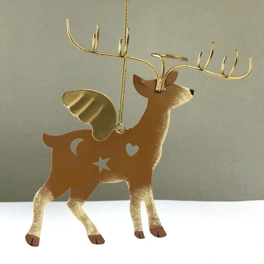 Reindeer Christmas Ornament Gold Wings Cut-Outs Whimsical Folk Art Rustic Deer